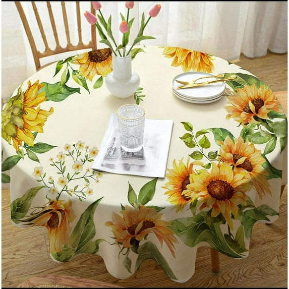 Round Sunflower Tablecloth 60x60inch Waterproof Floral Tablecloths, Rustic Flower Tablecloth Farmhouse Washable Polyester Table Cloth Wrinkle-Free Table Cover for Dining/Party/Wedding