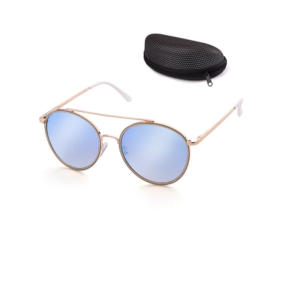 Round Sunglasses for Adult Female Women with Case, Brown Gradient Mirrored