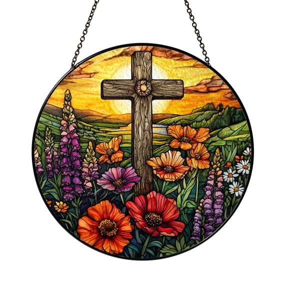 Round Sunset Cross Stained Glass Suncatcher Window Hanging Panel for Home Decor Beautiful Spiritual Gift
