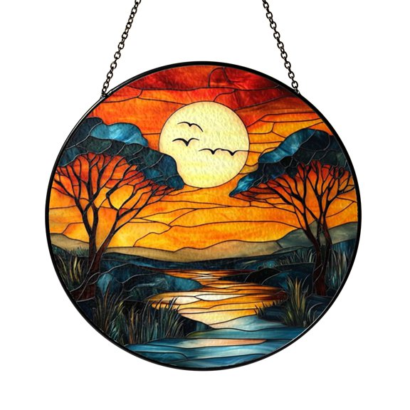 Round Sunset Island Stained Glass Suncatcher – Scenic Window Hanging Art