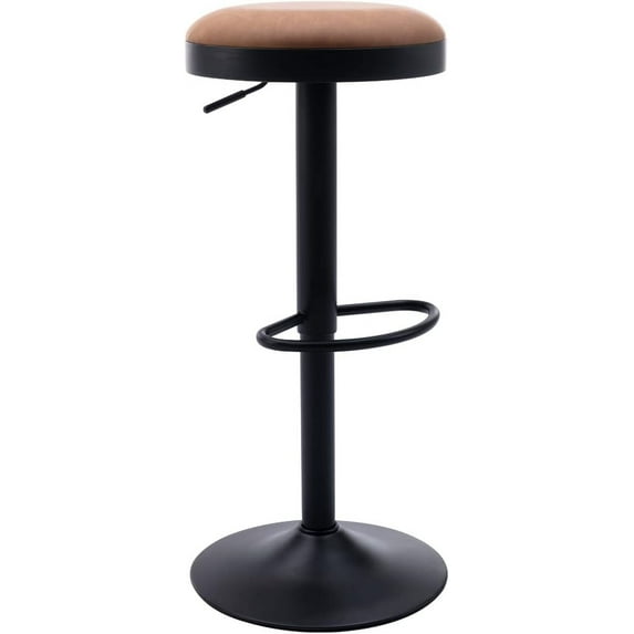 Round Swivel Counter Height Bar Stools Set of 1 Modern Adjustable Barstools Backless PU Leather Bar Chairs Industrial Island Chairs with Metal Base/Footrest for Kitchen Island/Pub/Bar, Brown