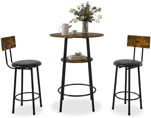 Round Table and Chairs, 3 Piece Bar Table with Stools, Industrial Style ...