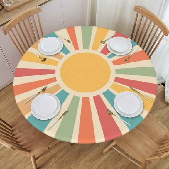 Round Table Cloth Boho Rainbow Sun Tablecloth Elastic Edge Fitted Table Cover Fits Tables Up to 45"-50" Diameter