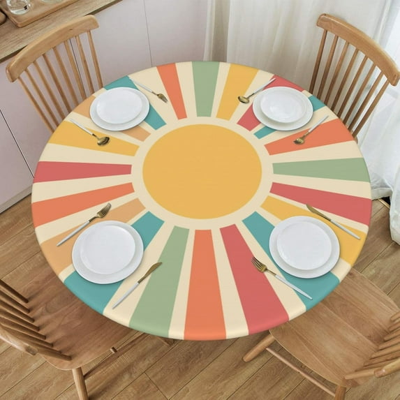 Round Table Cloth Boho Rainbow Sun Tablecloth Elastic Edge Fitted Table Cover Fits Tables Up to 45"-50" Diameter