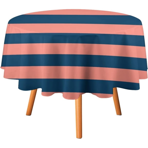 Round Table Cloth, Coral and Navy Stripes Tablecloths Washable Dinng Table Covers Decorative for Kitchen & Table Linens 60" x 60"