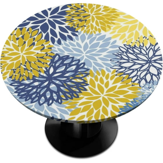 Round Table Cloth Cover for Home Elastic Edge Waterproof Fitted Table Covers, 36"-42" Round Tablecloth for Picnic, Camping, Indoor and Outdoor, Yellow Navy Flowers