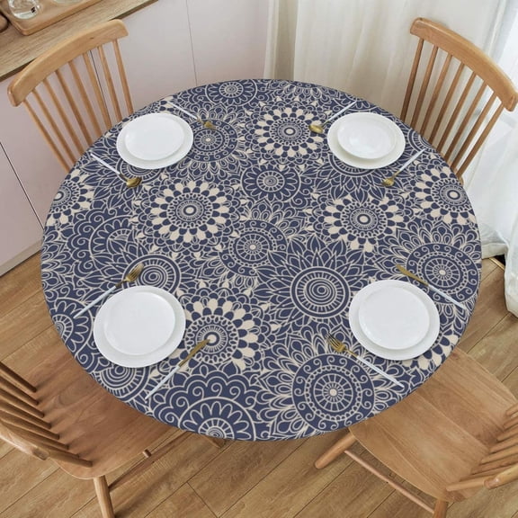 Round Table Cloth Eastern Blue Mandala Flower Tablecloth Elastic Edge Fitted Table Cover Fits Tables Up to 40"-44" Diameter