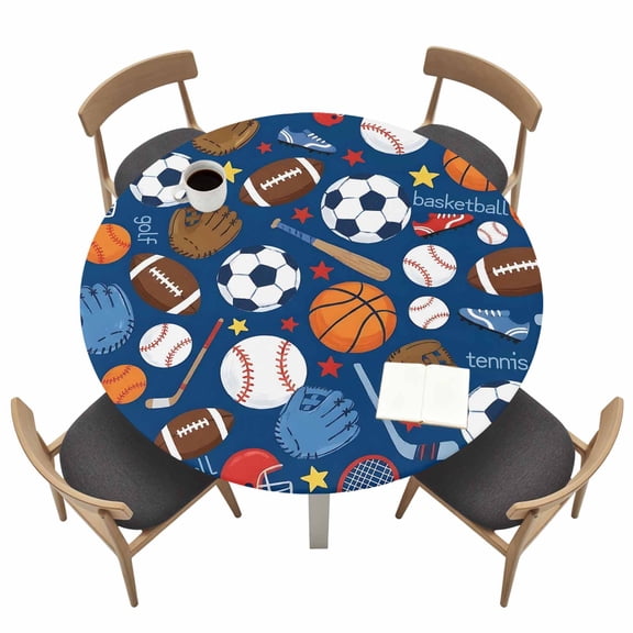 Round Table Cloth with Elastic Fitted Edged, Basketball Baseball Football Waterproof Tablecloth for 36"-44" Tables Energetic Sports Theme on Blue Wipeable Table Cover for Kitchen Picnic Camping