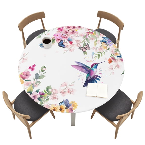 Round Table Cloth with Elastic Fitted Edged, Blossom Floral Hummingbird Waterproof Tablecloth for 36"-44" Tables Butterfly Blossom Flower Plant Wipeable Table Cover for Kitchen Picnic Camping