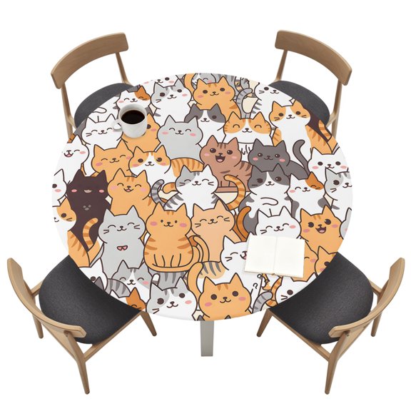 Round Table Cloth with Elastic Fitted Edged, Cartoon Cute Kitty Waterproof Tablecloth for 36"-44" Tables Modern Funny Pet Cat Wipeable Indoor Outdoor Table Cover for Kitchen Picnic Camping