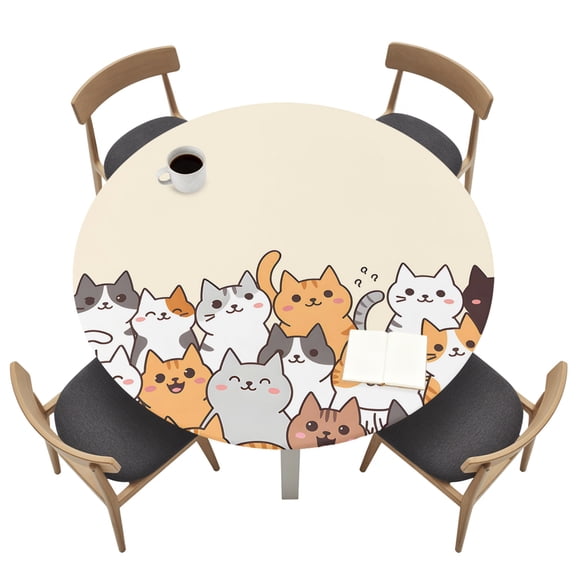 Round Table Cloth with Elastic Fitted Edged, Cartoon Pet Cat Waterproof Tablecloth for 36"-44" Tables Funny Cute Kitty Wipeable Indoor Outdoor Table Cover for Kitchen Picnic Camping