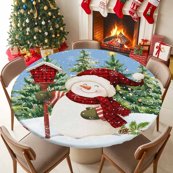 Round Table Cloth with Elastic Fitted Edged, Cartoon Snowman Snowfield Waterproof Tablecloth for 36"-44" Tables Winter Tree Snowflake Blue Back Wipeable Indoor Table Cover for Kitchen Picnic Camping