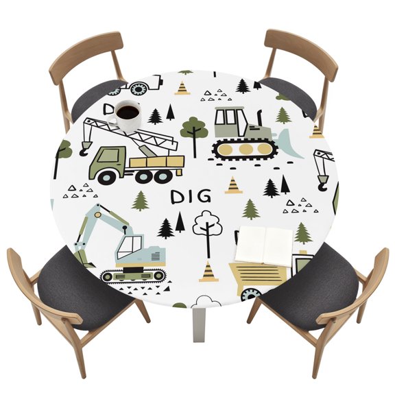 Round Table Cloth with Elastic Fitted Edged, Cartoon Tractor Digger Shovel Waterproof Tablecloth for 45"-54" Tables Cute Truck Car Themed Wipeable Table Cover for Kitchen Picnic Camping