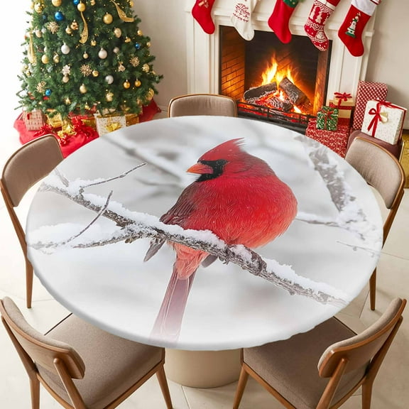 Round Table Cloth with Elastic Fitted Edged, Christmas Cardinal Bird Waterproof Tablecloth for 36"-44" Tables Winter Snow Branch Wipeable Indoor Outdoor Table Cover for Kitchen Picnic Camping