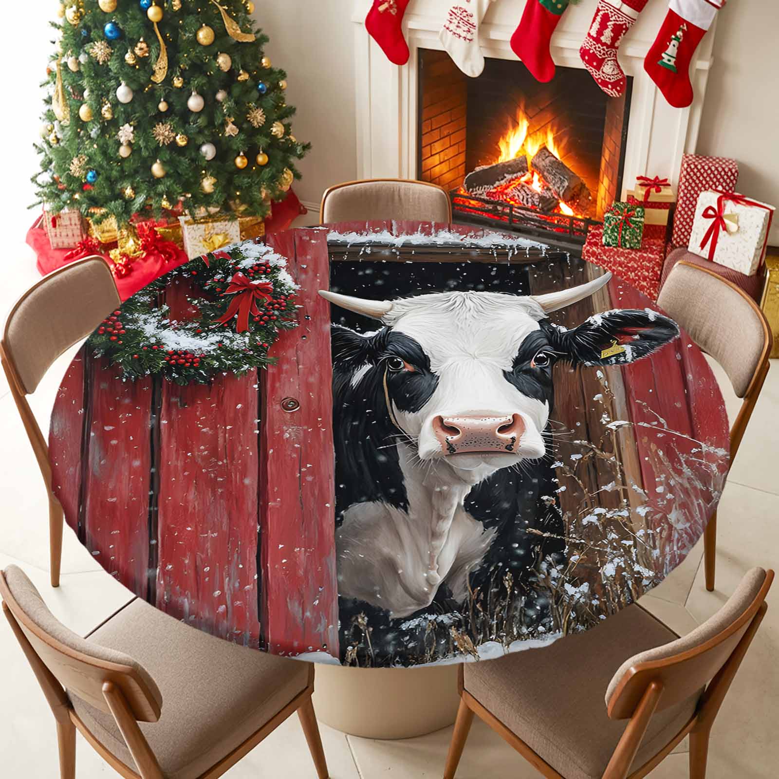 Round Table Cloth with Elastic Fitted Edged, Christmas Farmhouse Cow in ...