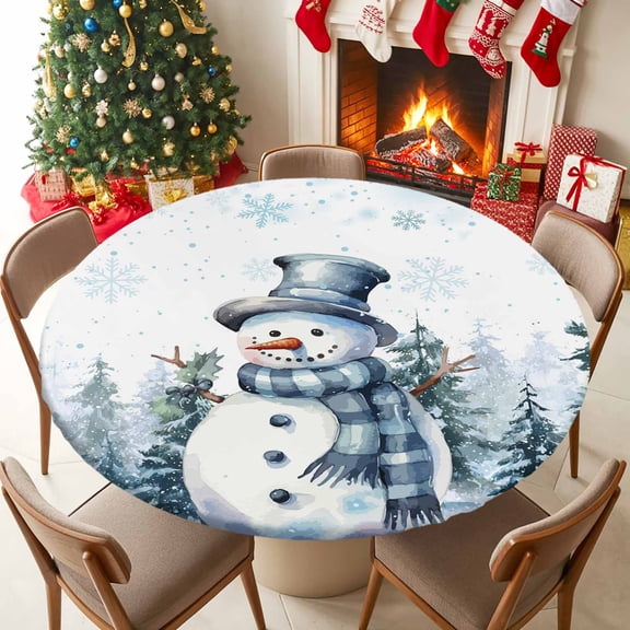 Round Table Cloth with Elastic Fitted Edged, Christmas Snowman Xmas Tree Waterproof Tablecloth for 36"-44" Tables Winter Snowflake Scenery Wipeable Indoor Table Cover for Kitchen Picnic Camping