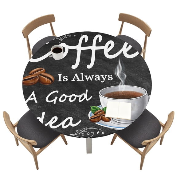 Round Table Cloth with Elastic Fitted Edged, Coffee Bean Cup Cafe Drink on Black Waterproof Tablecloth for 45"-54" Tables Coffees Good Idea Quote Wipeable Table Cover for Kitchen Picnic Camping