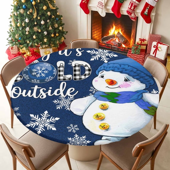 Round Table Cloth with Elastic Fitted Edged, It's Cold outside Words Waterproof Tablecloth for 55"-60" Tables Winter Snowman Snowflake Wipeable Indoor Outdoor Table Cover for Kitchen Picnic Camping