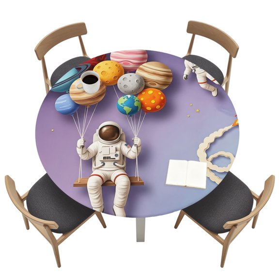 Round Table Cloth with Elastic Fitted Edged, Cosmonaut Planet Balloon Space Shuttle Waterproof Tablecloth for 45"-54" Tables Cartoon Outer Space Star Wipeable Table Cover for Kitchen Picnic Camping