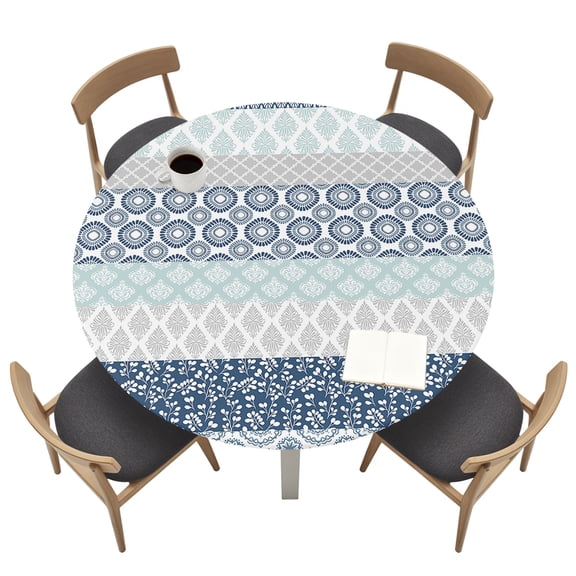 Round Table Cloth with Elastic Fitted Edged, Ethnic Blue Stripes Abstract Geometric Waterproof Tablecloth for 45"-54" Tables Damask Flower Boho Style Wipeable Table Cover for Kitchen Picnic Camping