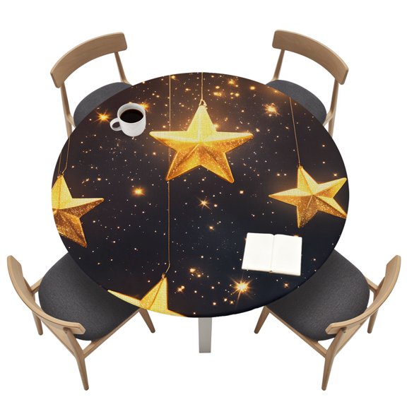 Round Table Cloth with Elastic Fitted Edged, Gold Star Starry Sky Waterproof Tablecloth for 55"-60" Tables Galaxy Theme Wipeable Indoor Outdoor Table Cover for Kitchen Picnic Camping