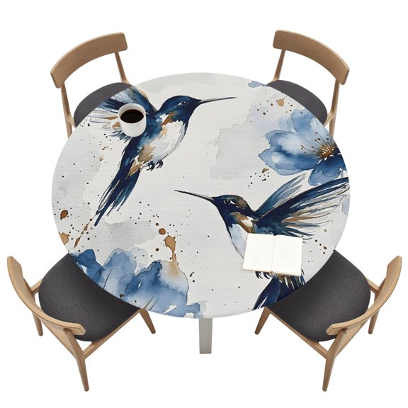 Round Table Cloth with Elastic Fitted Edged, Hummingbird Bird Blue Flower Gradient Waterproof Tablecloth for 55"-60" Tables Abstract Gold Splatter Wipeable Table Cover for Kitchen Picnic Camping