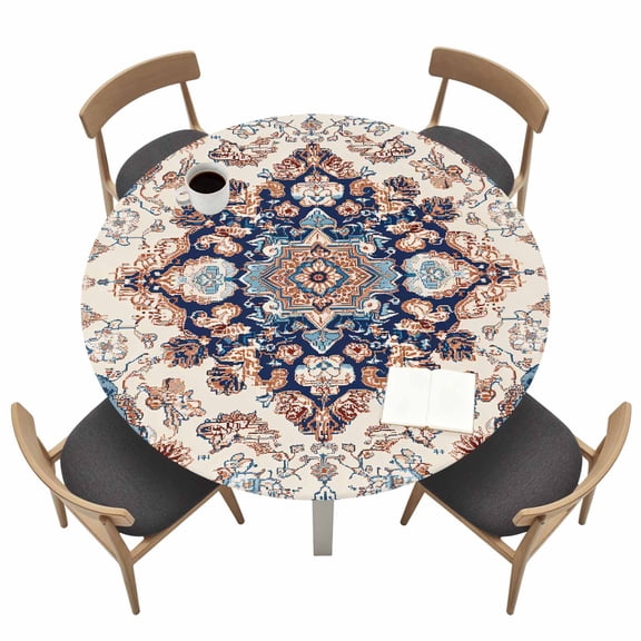 Round Table Cloth with Elastic Fitted Edged, Mid Century Bohemia Retro Flower Waterproof Tablecloth for 36"-44" Tables Terracotta Aesthetic Wipeable Table Cover for Kitchen Picnic Camping