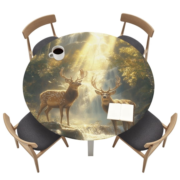 Round Table Cloth with Elastic Fitted Edged, Natural Forest Farm Deer Sunlight Waterproof Tablecloth for 36"-44" Tables Waterfall River Wild Scene Wipeable Table Cover for Kitchen Picnic Camping