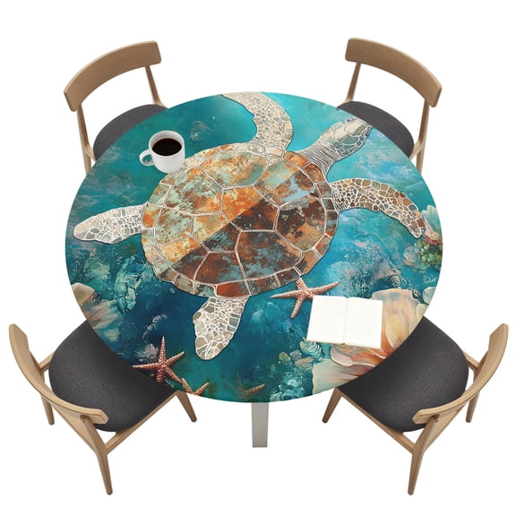 Round Table Cloth with Elastic Fitted Edged, Ocean Submarine Coral Turtle Starfish Waterproof Tablecloth for 45"-54" Tables Undersea Creatures Wipeable Table Cover for Kitchen Picnic Camping