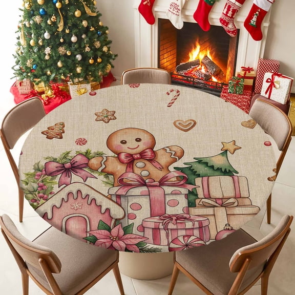 Round Table Cloth with Elastic Fitted Edged, Retro Ginger-cake People Waterproof Tablecloth for 36"-44" Tables Candy Flowers on Linen Wipeable Indoor Outdoor Table Cover for Kitchen Picnic Camping
