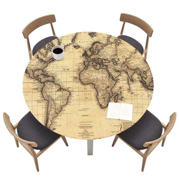 Round Table Cloth with Elastic Fitted Edged, Retro Yellow World Map North America Asia Waterproof Tablecloth for 36"-44" Tables Pacific Plate Wipeable Table Cover for Kitchen Picnic Camping