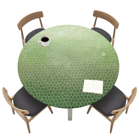 Round Table Cloth with Elastic Fitted Edged, Sage Green Gradient Plaid Waterproof Tablecloth for 36"-44" Tables Natural Forest Theme Wipeable Indoor Outdoor Table Cover for Kitchen Picnic Camping
