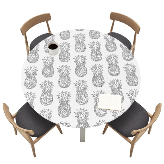 Round Table Cloth with Elastic Fitted Edged, Seamless Grey Pineapple Waterproof Tablecloth for 36"-44" Tables Rustic Farmhouse Fruit Theme Wipeable Table Cover for Kitchen Picnic Camping