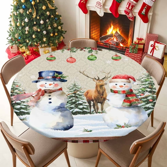 Round Table Cloth with Elastic Fitted Edged, Snowman Xmas Tree Ball Elk Buffalo Plaid Waterproof Tablecloth for 55"-60" Tables Winter Snow Retro Plank Wipeable Indoor Table Cover for Kitchen Camping
