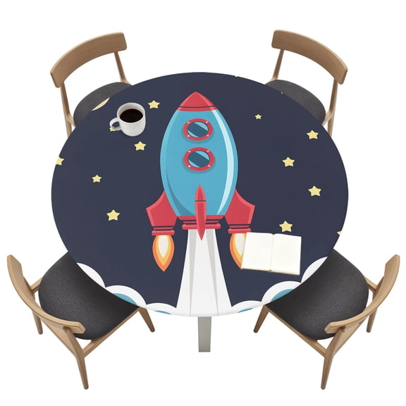Round Table Cloth with Elastic Fitted Edged, Space Rocket Moon Star Waterproof Tablecloth for 55"-60" Tables Cartoon Style Wipeable Indoor Outdoor Table Cover for Kitchen Picnic Camping