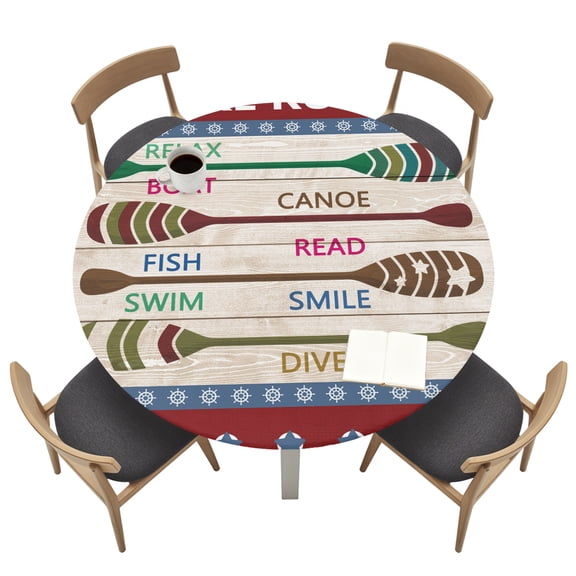 Round Table Cloth with Elastic Fitted Edged, Summer Lake Rules Paddle Waterproof Tablecloth for 45"-54" Tables Farm Wood Grain Red Maroon Wipeable Table Cover for Kitchen Picnic Camping