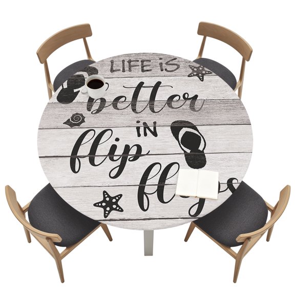 Round Table Cloth with Elastic Fitted Edged, Summer Ocean Theme Texts with Flip Flops Waterproof Tablecloth for 36"-44" Tables Wooden Grain Wipeable Table Cover for Kitchen Picnic Camping