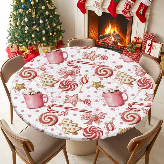 Round Table Cloth with Elastic Fitted Edged, Watercolor Christmas Candy Cane Waterproof Tablecloth for 36"-44" Tables Pink Cup Wipeable Indoor Outdoor Table Cover for Kitchen Picnic Camping