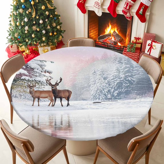 Round Table Cloth with Elastic Fitted Edged, Winter Elk Pine Tree Waterproof Tablecloth for 36"-44" Tables Forest Animal Snowflake Scenery Wipeable Indoor Table Cover for Kitchen Picnic Camping