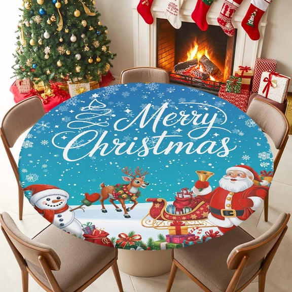 Round Table Cloth with Elastic Fitted Edged, Winter Snowman Snowflakes Waterproof Tablecloth for 55"-60" Tables Santa Claus Elk Ice Cream Wipeable Indoor Table Cover for Kitchen Picnic Camping