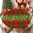 thumbnail image 1 of Round Table Cloth with Elastic Fitted Edged, Xmas Poinsettia Pine Needles Waterproof Tablecloth for 55"-60" Tables Red Green Plaid Tartan Wipeable Indoor Table Cover for Kitchen Picnic Camping, 1 of 9