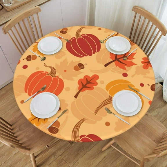 Round Table Cloth Fall Leaf Pumpkin Tablecloth Elastic Edge Fitted Autumn Theme Table Cover Fits Tables Up to 40"-44" Diameter