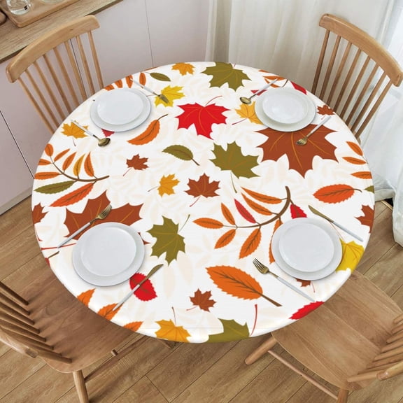 Round Table Cloth Fall Leaves Tablecloth Elastic Edge Fitted Autumn Leaf Table Cover Fits Tables Up to 40"-44" Diameter
