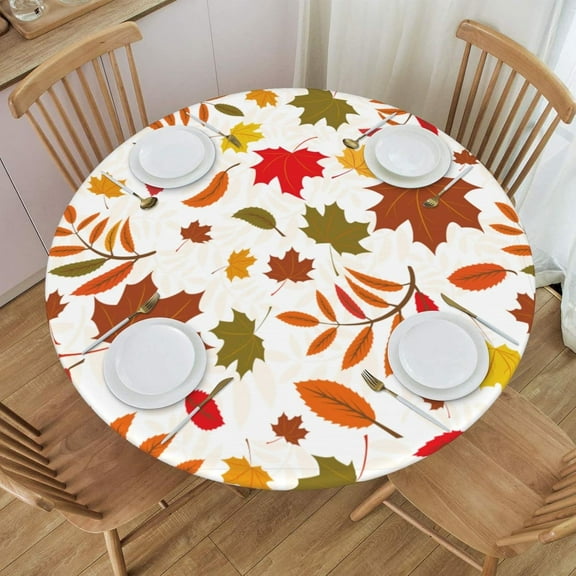 Round Table Cloth Fall Maple Leaf Tablecloth Elastic Edge Fitted Autumn Leaves Table Cover Fits Tables Up to 45"-50" Diameter