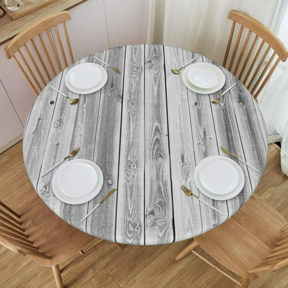 Round Table Cloth Grey Wood Grain Tablecloth Elastic Edge Fitted Table Cover Fits Tables Up to 45"-50" Diameter