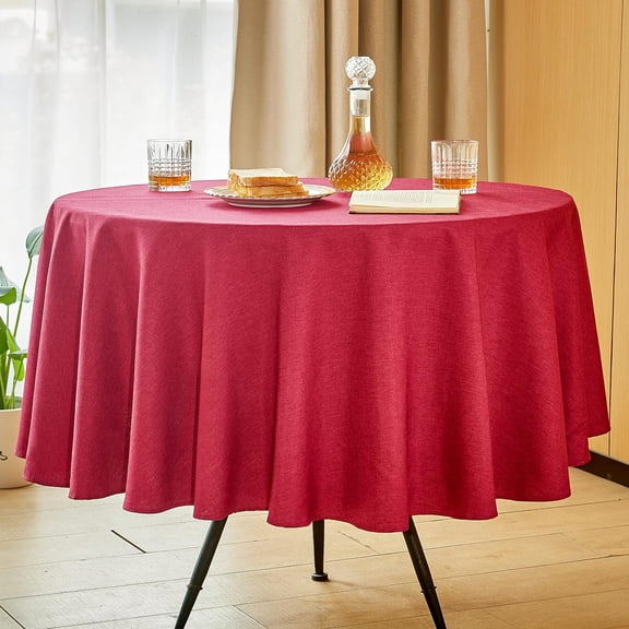Round Table Cloth Linen Farmhouse Tablecloth Waterproof Anti-Shrink Soft and Wrinkle Resistant Decorative Fabric Table Cover for Kitchen (Wine red, 60" Round (2-4 Seats))