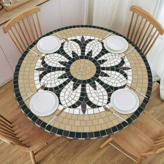 Round Table Cloth Mosaic Mandala Tablecloth Elastic Edge Fitted Table Cover Fits Tables Up to 45"-50" Diameter