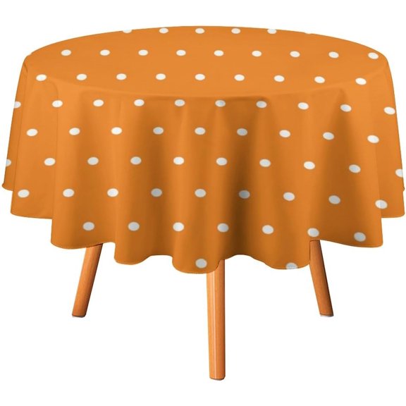 Round Table Cloth, Orange White Polka Dots Tablecloth Washable Dinng Table Covers Decorative for Kitchen & Table Linens 60" x 60"