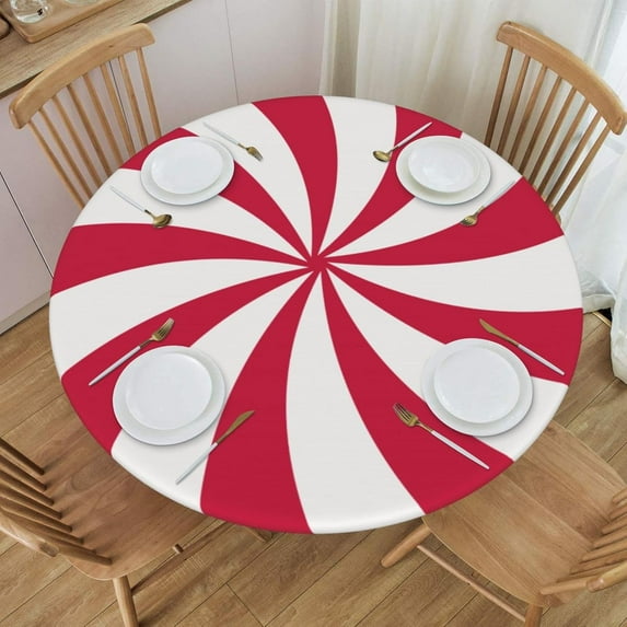 Round Table Cloth Peppermint Swirl Candy Tablecloth Elastic Edge Fitted Christmas Table Cover Fits Tables Up to 45"-50" Diameter