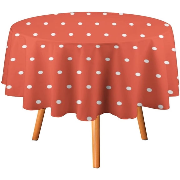 Round Table Cloth, Red Orange White Polka Dots Tablecloth Washable Dinng Table Covers Decorative for Kitchen & Table Linens 70" x 70"